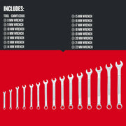 Photo of Craftsman graphics showing CMMT12066 14-piece metric wrench set arranged by size on a red background.