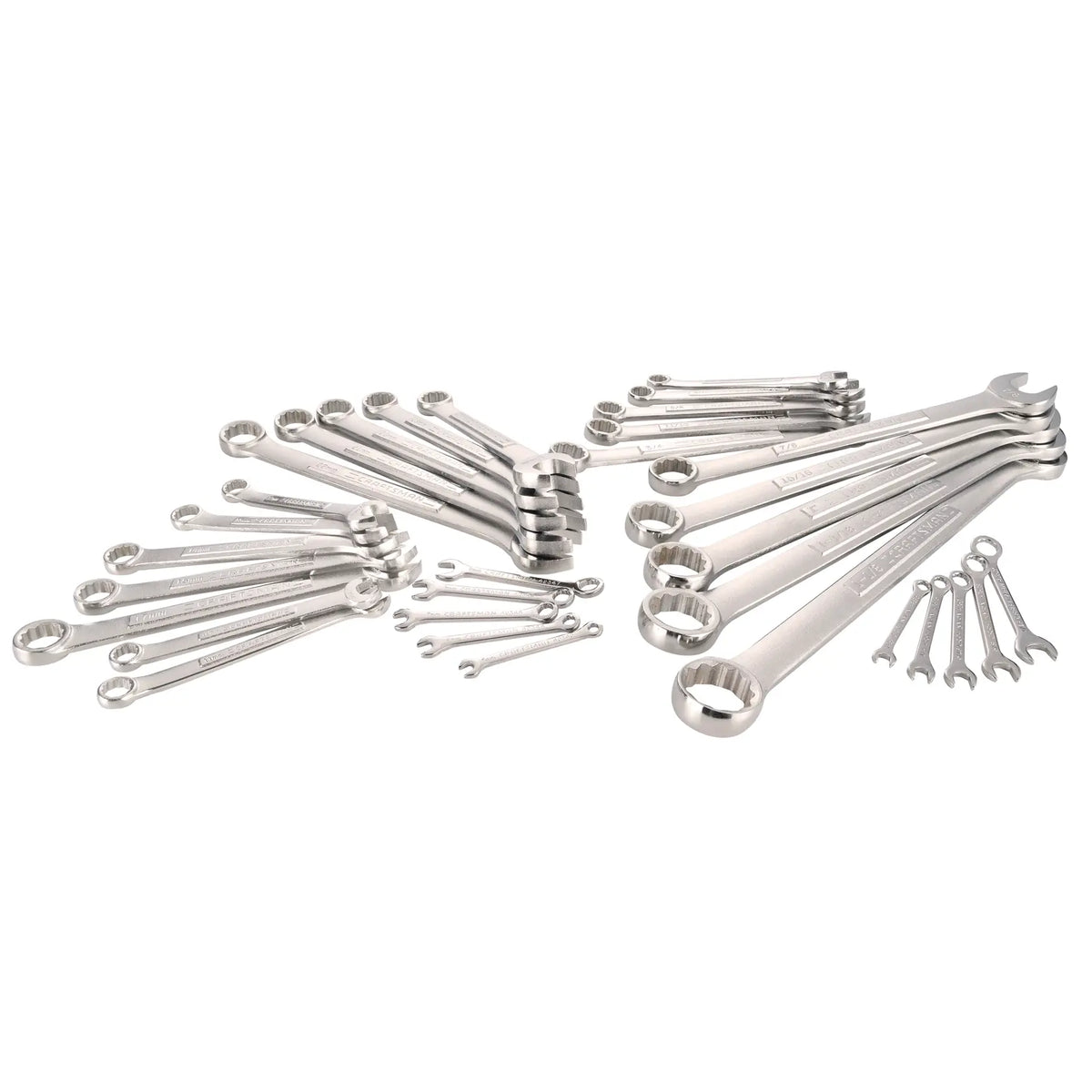 Photo of CRAFTSMAN CMMT12080 combination wrench set, multiple sizes, silver finish, angled on white background.