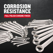 Photo of Craftsman chrome wrenches with SKU CMMT12080, graphics highlighting corrosion resistance.