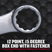 Craftsman box end wrench, 12-point, 15 degree angle, close-up, CMMT12080, black textured background.