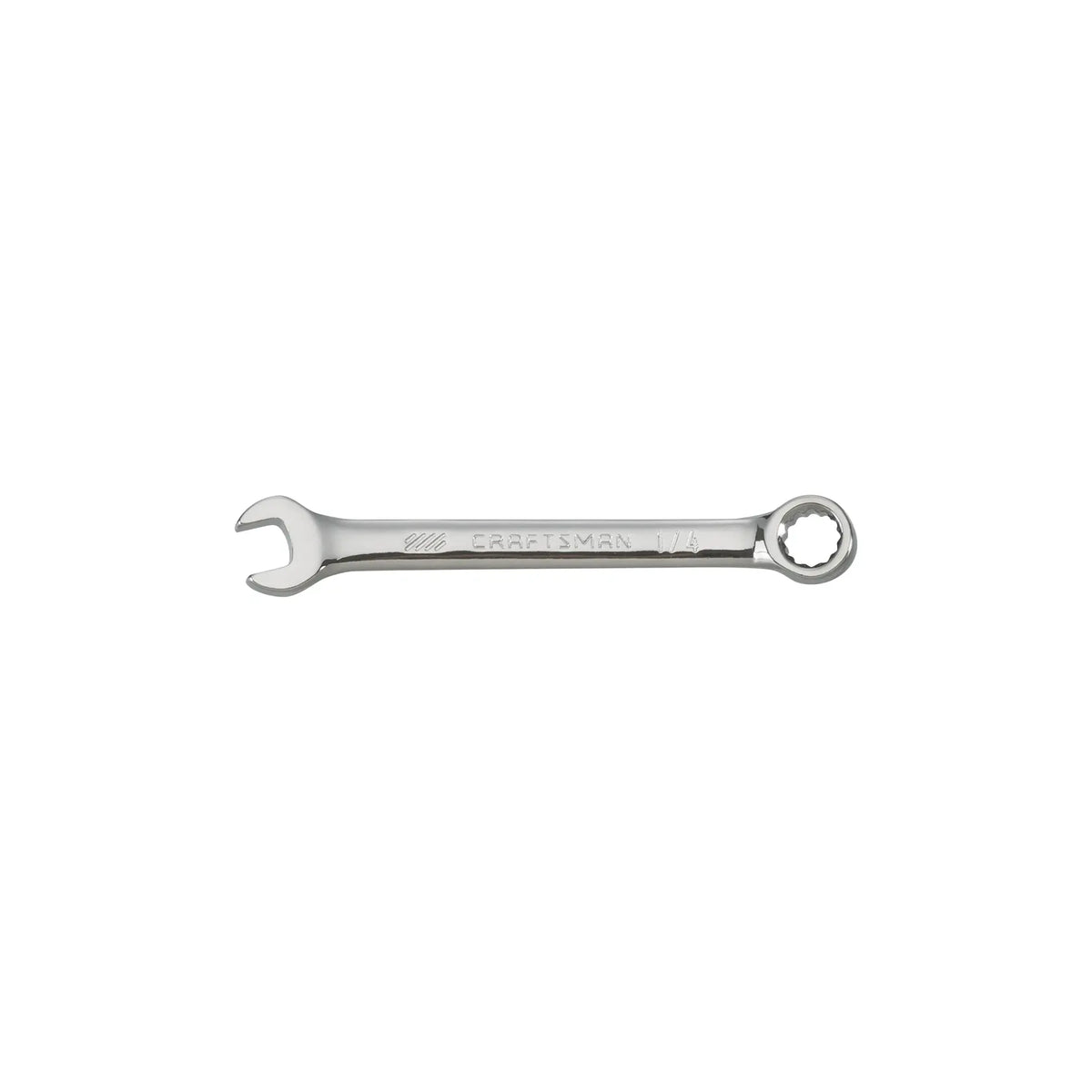 Photo of Craftsman CMMT12082 combination wrench, silver, open end and box end, top view on white background.