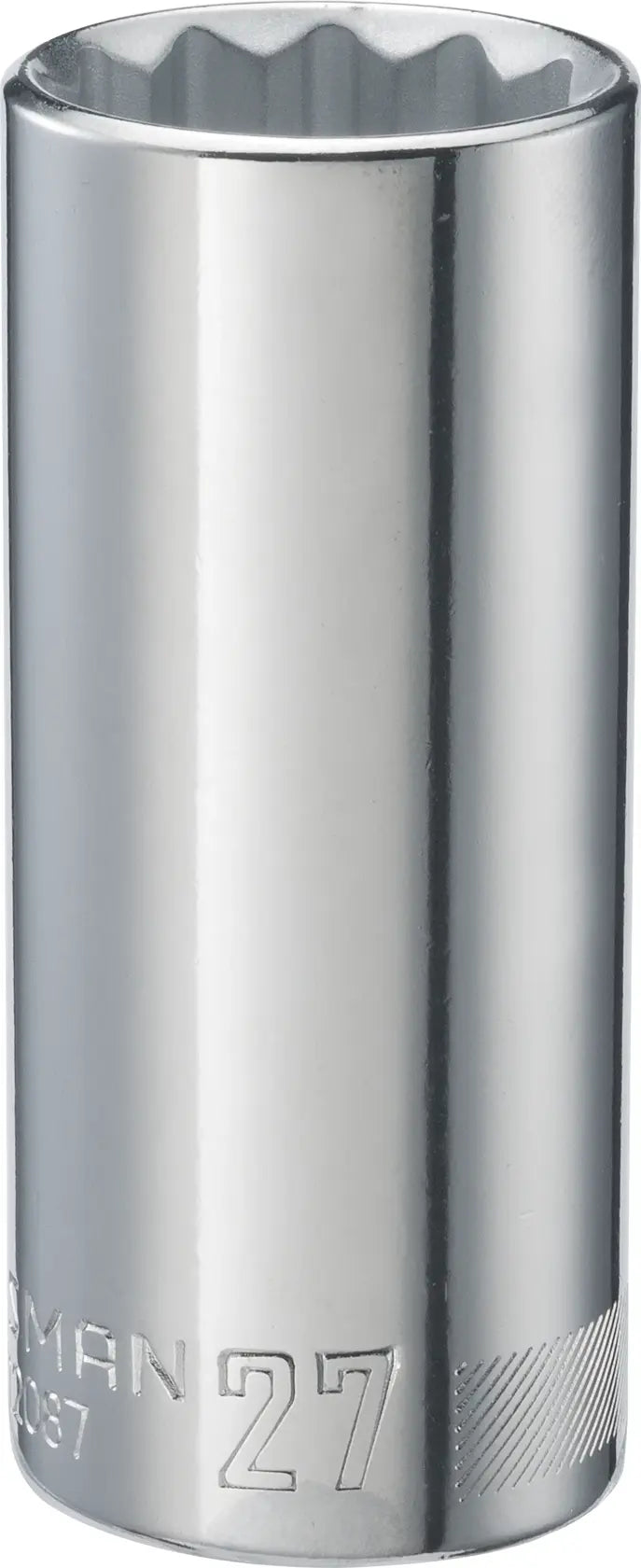Photo of Craftsman deep socket, 27mm, chrome finish, SKU CMMT12087, shown upright on white background.