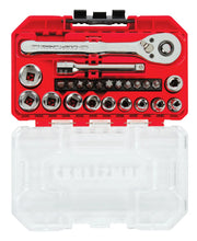 A photography of a socket wrench set, displayed in an open red and clear plastic case. The set includes a ratchet, extension bars, various sockets, and several screwdriver bits organized neatly in designated slots.