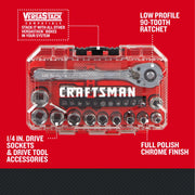 Craftsman CMMT12109LZ graphics showing a clear case with drive sockets, ratchet, tools, red background, front angle.