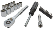 A set of Craftsman hand tools including a ratchet wrench, several chrome sockets, a screwdriver handle, an extension bar, and a set of screwdriver bits organized in a holder, all arranged on a white background.