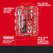 CRAFTSMAN CMMT12112 graphics photo, 3/8-in. drive socket and tool set in clear case, top view.