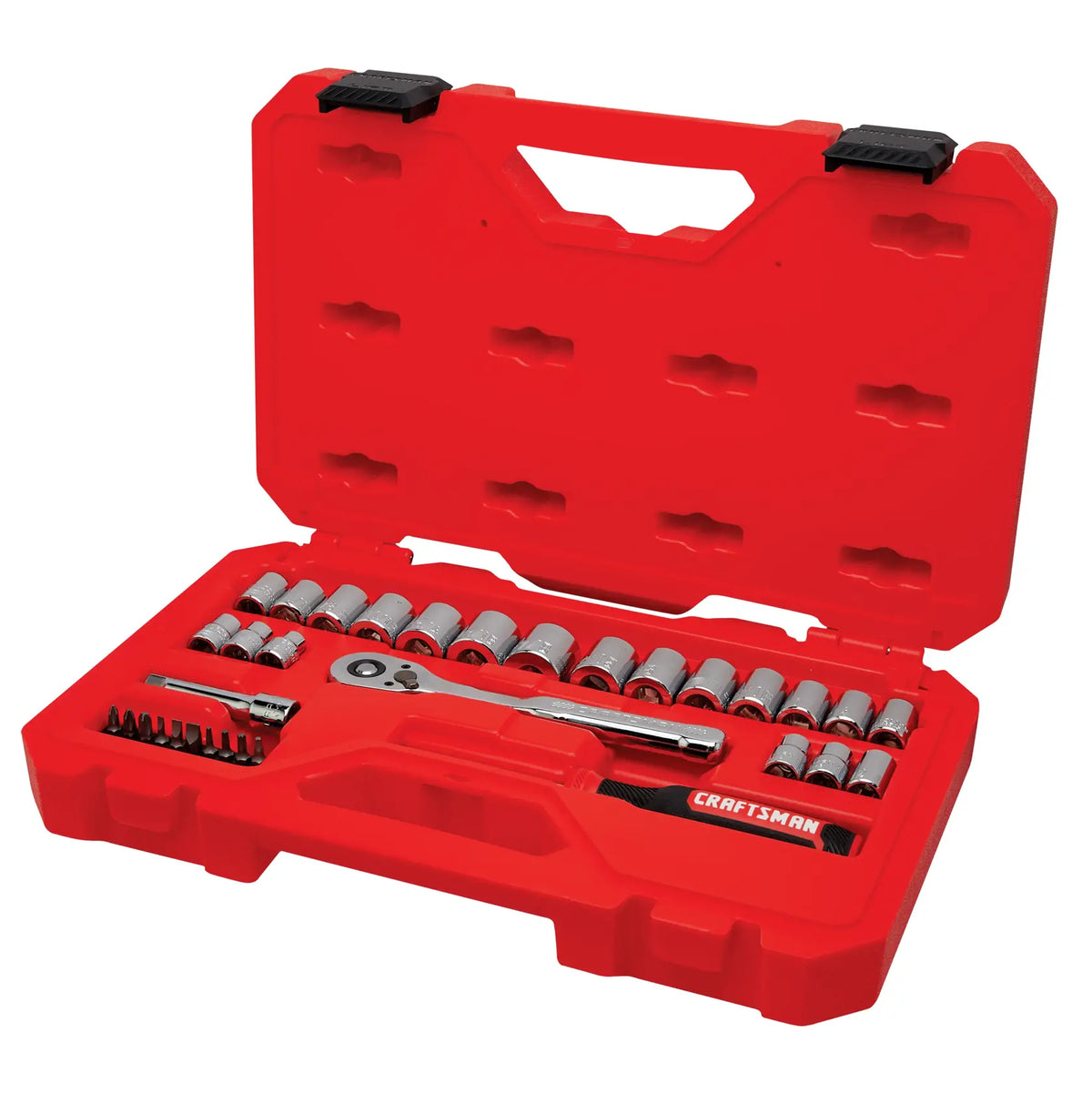 Craftsman CMMT12113 socket wrench set with metal sockets and ratchet in open red plastic case, product photo, angled view.