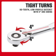 CRAFTSMAN ratchet with 90 teeth and 4-degree arc swing for tight turns, shown with arrows and labels.
