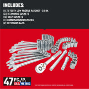 Craftsman 47-piece SAE/Metric tool set with ratchet, wrenches, sockets, extension bars, SKU CMMT12119, front angle.