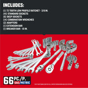 Craftsman 66-piece SAE/Metric tool set CMMT12120, wrenches, sockets, ratchet, adapters, on red background, top view.
