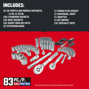 Craftsman CMMT12121 graphics of 83-piece SAE/Metric mechanic's tool set with chrome ratchets, sockets, hex keys, and bit driver.