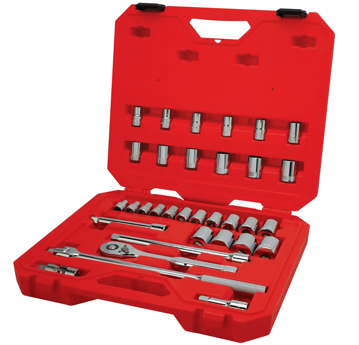 Craftsman socket wrench set CMMT12122 in red case, angled front view with chrome sockets and ratchets visible.