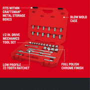 Photo of Craftsman mechanics tool set CMMT12122 with blow mold red case, 1/2 in. drive sockets and 72-tooth ratchet.