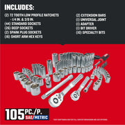 Craftsman 105-piece SAE/Metric socket set CMMT12123 with ratchets, sockets, hex keys, bit driver, and specialty bits on red background.