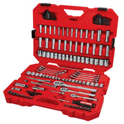 Photo of Craftsman red tool set CMMT12124L with assorted sockets, wrenches, ratchets, and hex keys in open case.