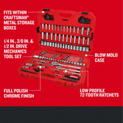 Photo of Craftsman mechanics tool set CMMT12124L in red blow mold case, full polish chrome, multiple sockets, ratchets.