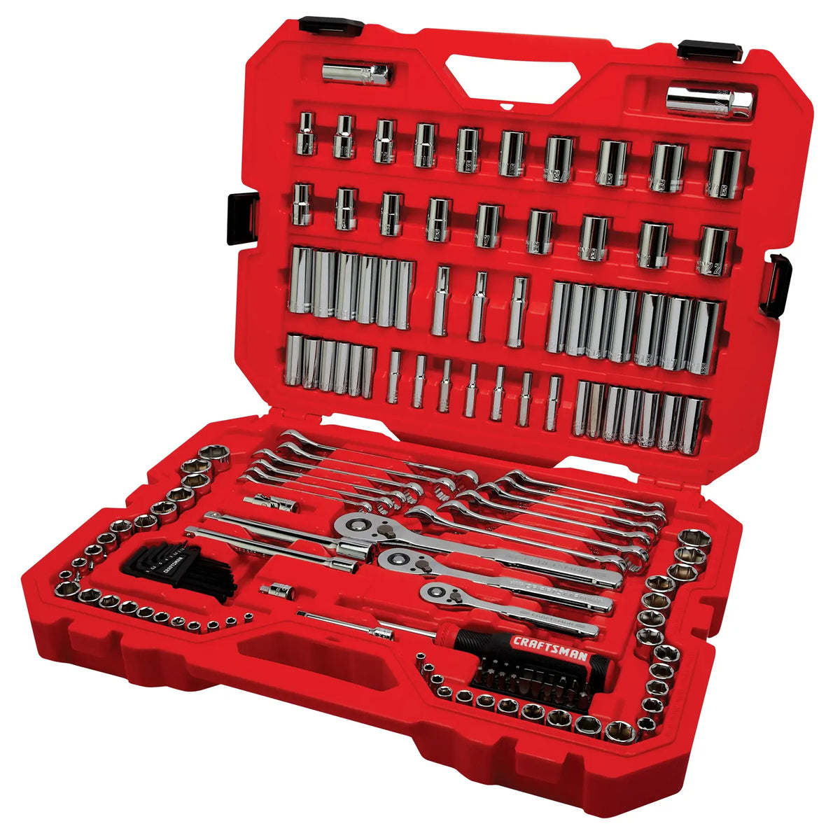 Craftsman red tool set case with sockets, ratchets, wrenches and accessories, model CMMT12125, angled view.