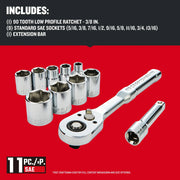 Craftsman CMMT12126 graphics showing 11-piece SAE socket set with ratchet and extension bar, front angle.
