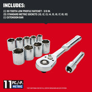 Photo of Craftsman metric socket set CMMT12127, includes ratchet, nine sockets, extension bar, front angle.