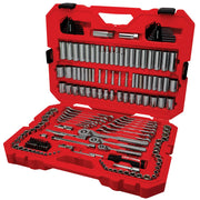 Photo of Craftsman red tool set case CMMT12134 with assorted sockets, wrenches, and ratchets, front view.