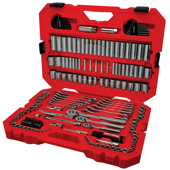 Photo of Craftsman red tool set case CMMT12134 with assorted sockets, wrenches, and ratchets, front view.