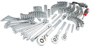 Photo of Craftsman chrome socket and wrench set CMMT12134 with ratchets, screwdrivers and sockets, angled view.