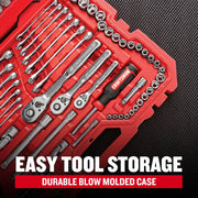Craftsman tool set in red blow molded case with various wrenches and ratchets, SKU CMMT12134, top view.