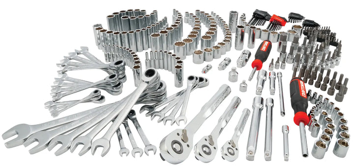 CRAFTSMAN CMMT12139 mechanics tool set with wrenches, sockets, screwdrivers, photographed from above.