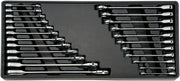 A set of metal combination wrenches arranged in a black plastic tray. The wrenches are organized by size in two angled rows, with each wrench resting in its own slot.