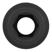 Close-up image of a black, hexagonal socket tool, viewed from the opening end.