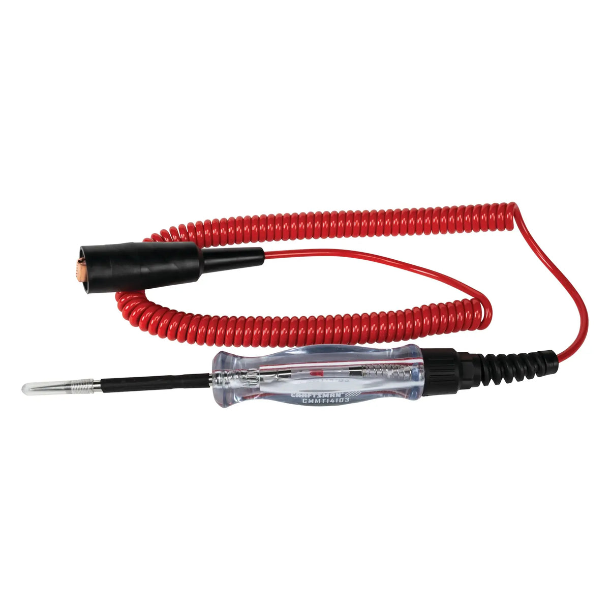 Photo of Craftsman CMMT14103 circuit tester with clear handle and red coiled cord, shown on white background.