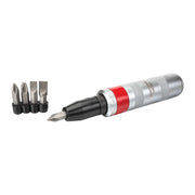 Craftsman CMMT14104 impact screwdriver set with four interchangeable bits, side angle photo.