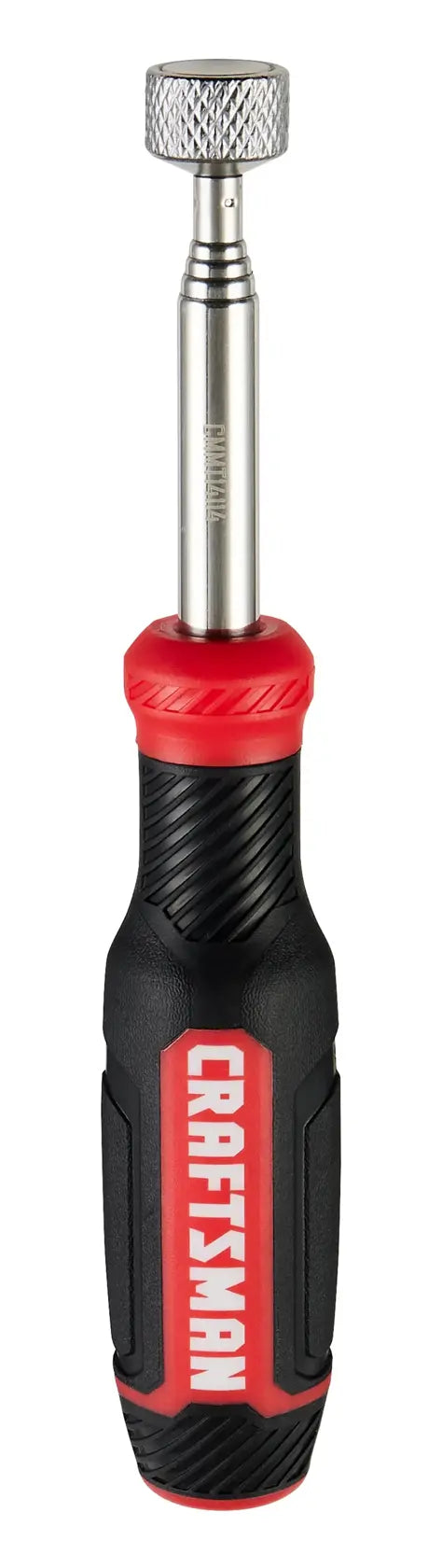Craftsman CMMT14114 black and red ratcheting screwdriver, front angle, white background.