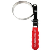 Photo of Craftsman oil filter wrench CMMT14119 with red ergonomic handle and adjustable metal band, top view.