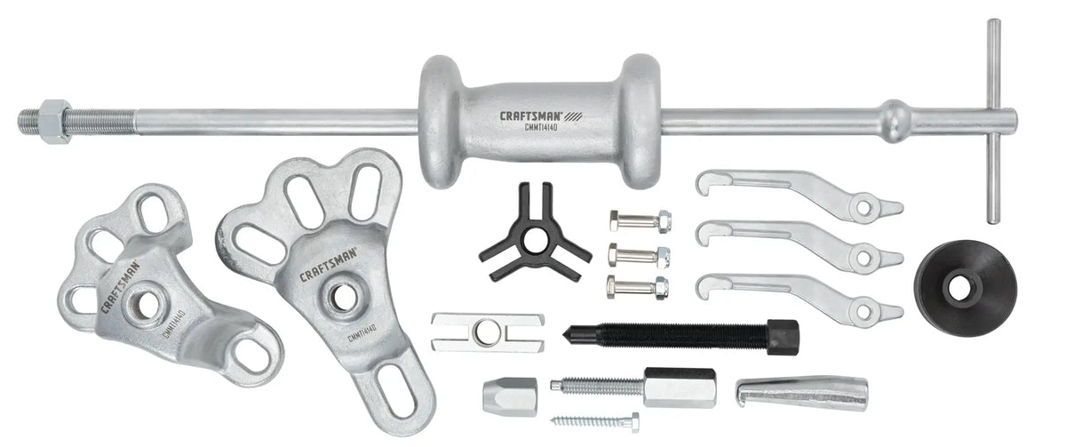 Photo of Craftsman puller tool kit CMMT14140 with metal components arranged on white background.