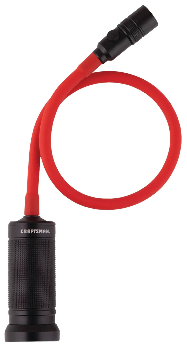 Photo of Craftsman flexible inspection light with black handle and red cord, SKU CMMT14179, front angle.