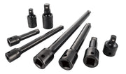 Craftsman CMMT15358 black socket accessory set with multiple extension bars and adapters, angled on white background.
