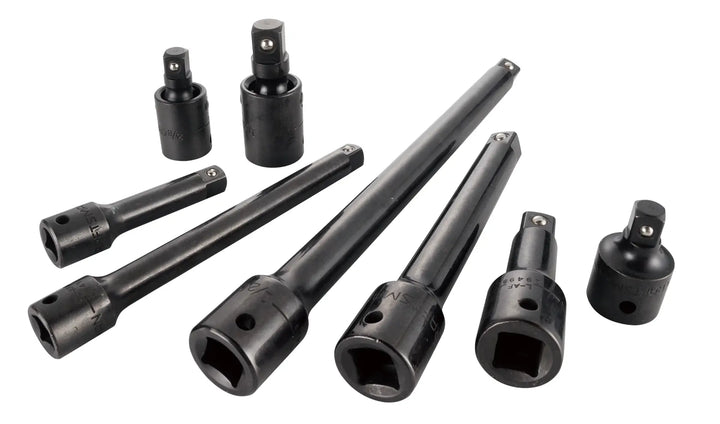 Craftsman CMMT15358 black socket accessory set with multiple extension bars and adapters, angled on white background.