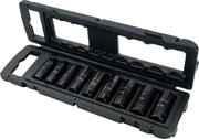 Photo of CRAFTSMAN deep socket set in a black plastic case, SKU CMMT15882, sockets aligned in an open case, front angle.