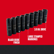 Craftsman CMMT15883 3/8 in. drive deep socket set, black oxide finish, large stamped markings, front angle.