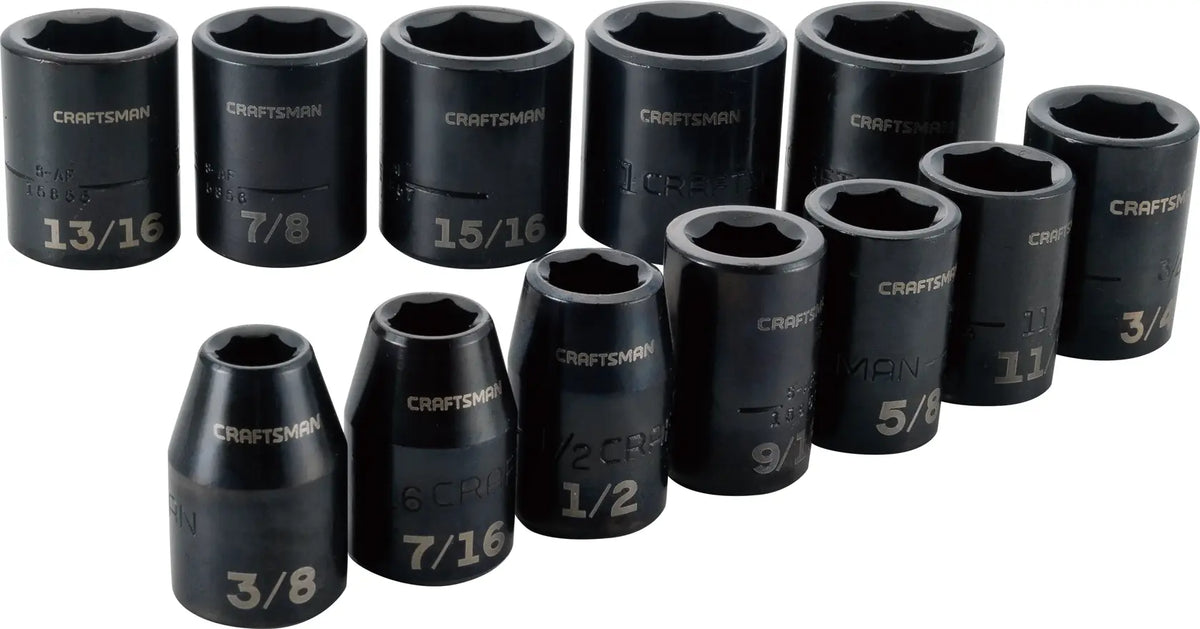 Photo of Craftsman deep impact socket set, SAE sizes, black finish, containing 12 pieces. SKU CMMT15884, front angle.