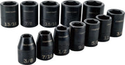Photo of Craftsman deep impact socket set, SAE sizes, black finish, containing 12 pieces. SKU CMMT15884, front angle.