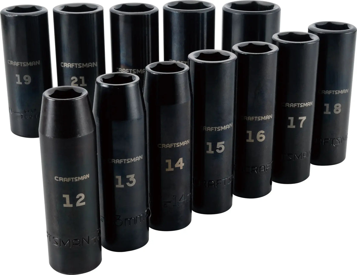CRAFTSMAN CMMT15887 deep impact socket set with 12 black metric sockets, front angle on white background.