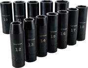 CRAFTSMAN CMMT15887 deep impact socket set with 12 black metric sockets, front angle on white background.