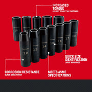 Photo of Craftsman deep socket set CMMT15887, black oxide finish, metric sizes, upright on white background.
