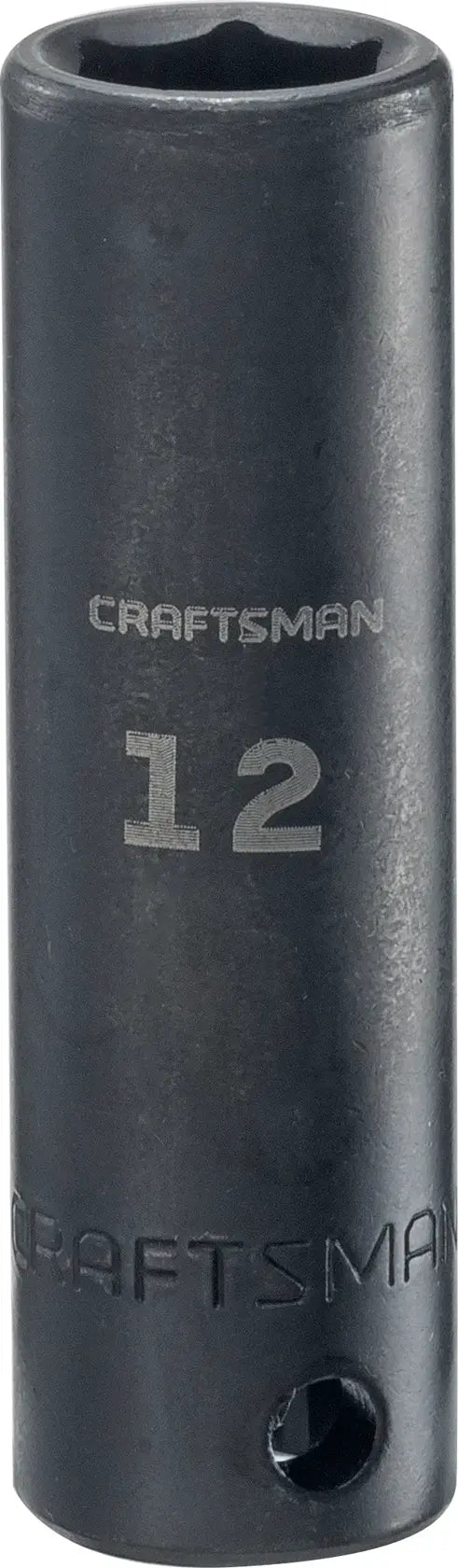 Craftsman CMMT15901 deep socket, 12mm, black, front angle on white background.