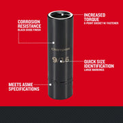 Photo of Craftsman 9/16-inch deep socket CMMT15998, black oxide finish, size markings, upright angle.