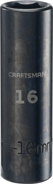 Photo of Craftsman 16mm deep socket CMMT16077, black metal, upright, on white background.