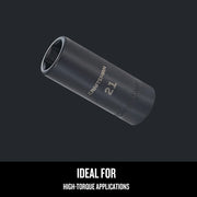 Craftsman CMMT16081 graphics showing a black 21mm deep socket, angled view, ideal for high-torque applications.