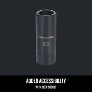 Photo of Craftsman deep socket CMMT16081, black finish, 21mm size, upright with front branding visible.